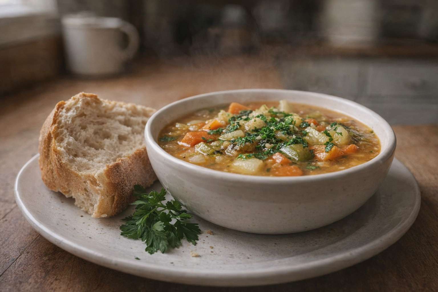 Plated bowl of vegetable soup with a side of crusty bread and a sprinkle of fresh parsley, soft light, rustic setting